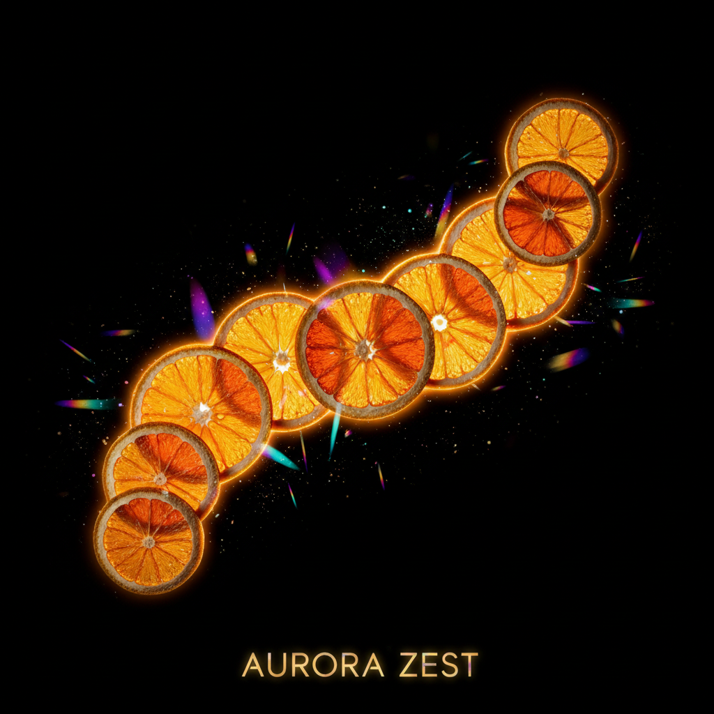 Orbit Oranges dehydrated cocktail garnish on a deep black cosmic background with holographic light refractions
